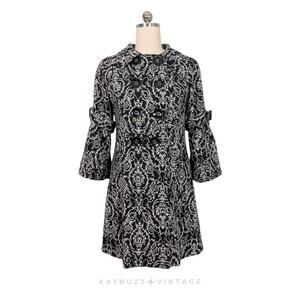 Retro Floral Peacoat Jacket L Black White Twee Glam Lady Bell Sleeve Button Y2K